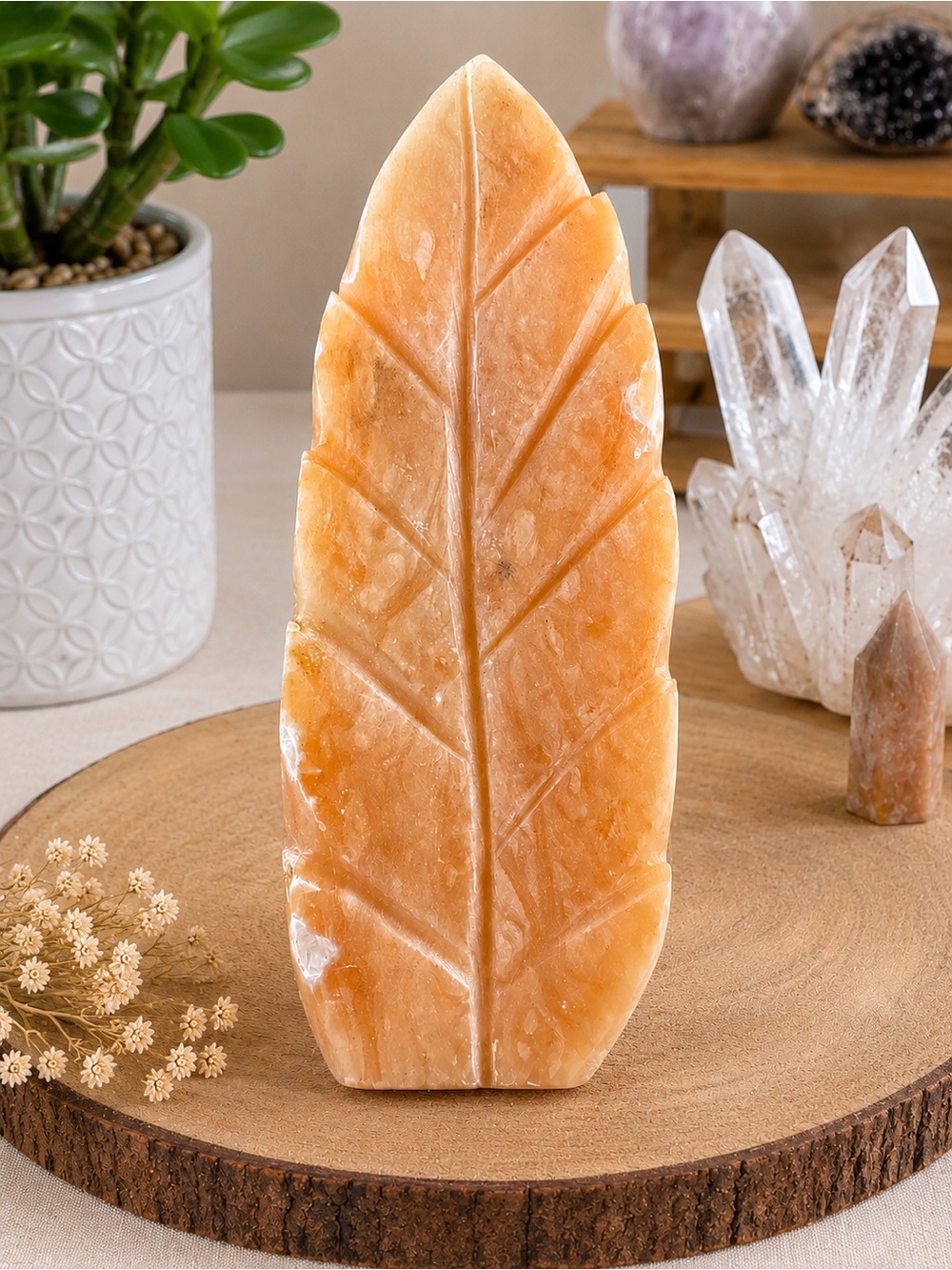 Peach Calcite Carved Leaf 2lb 15.8oz Crystal Display Decor